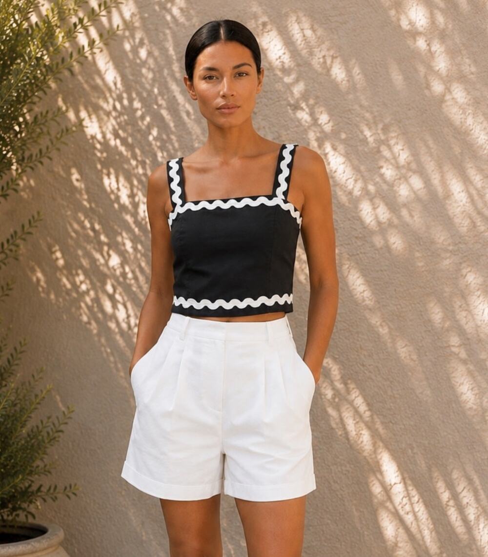 Japna Black Cotton Crop Top M White Ric Rac Square Neck Smocked Back Cottagecore